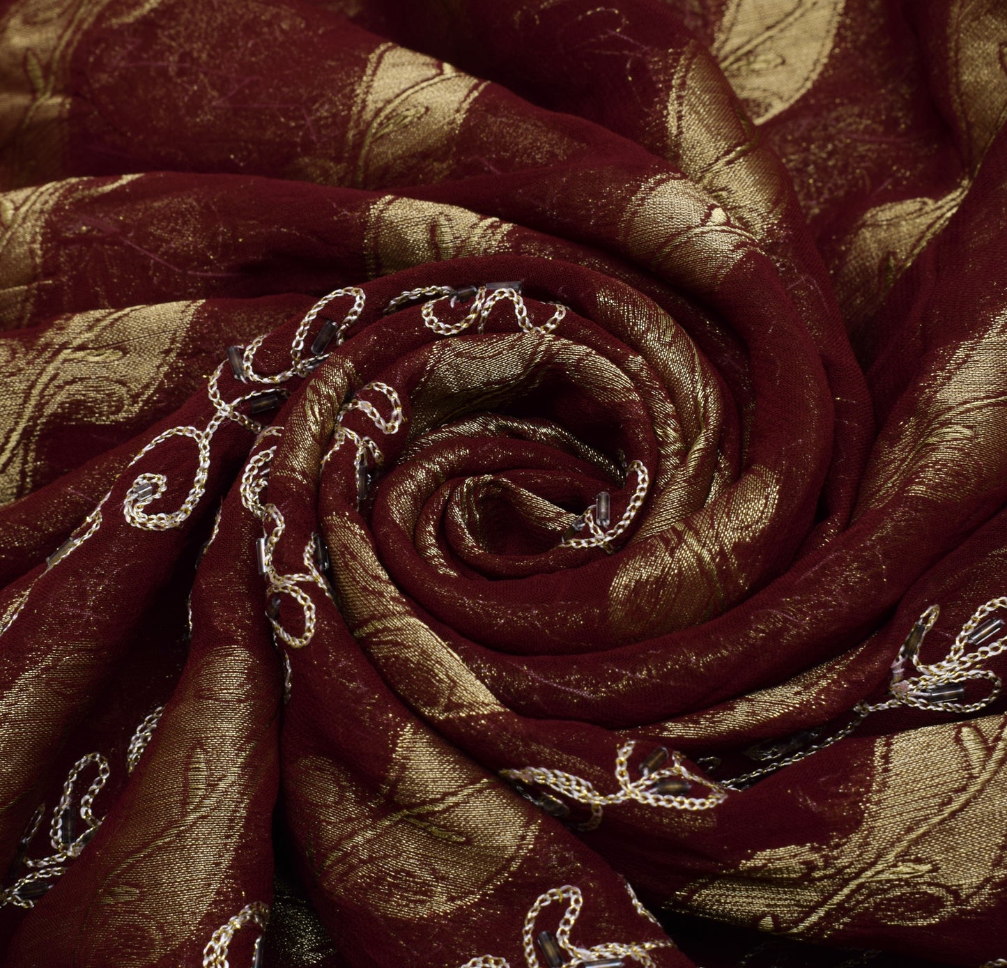 Sushila Vintage Maroon Saree 100% Pure Georgette Silk Hand Beaded Sari Fabric