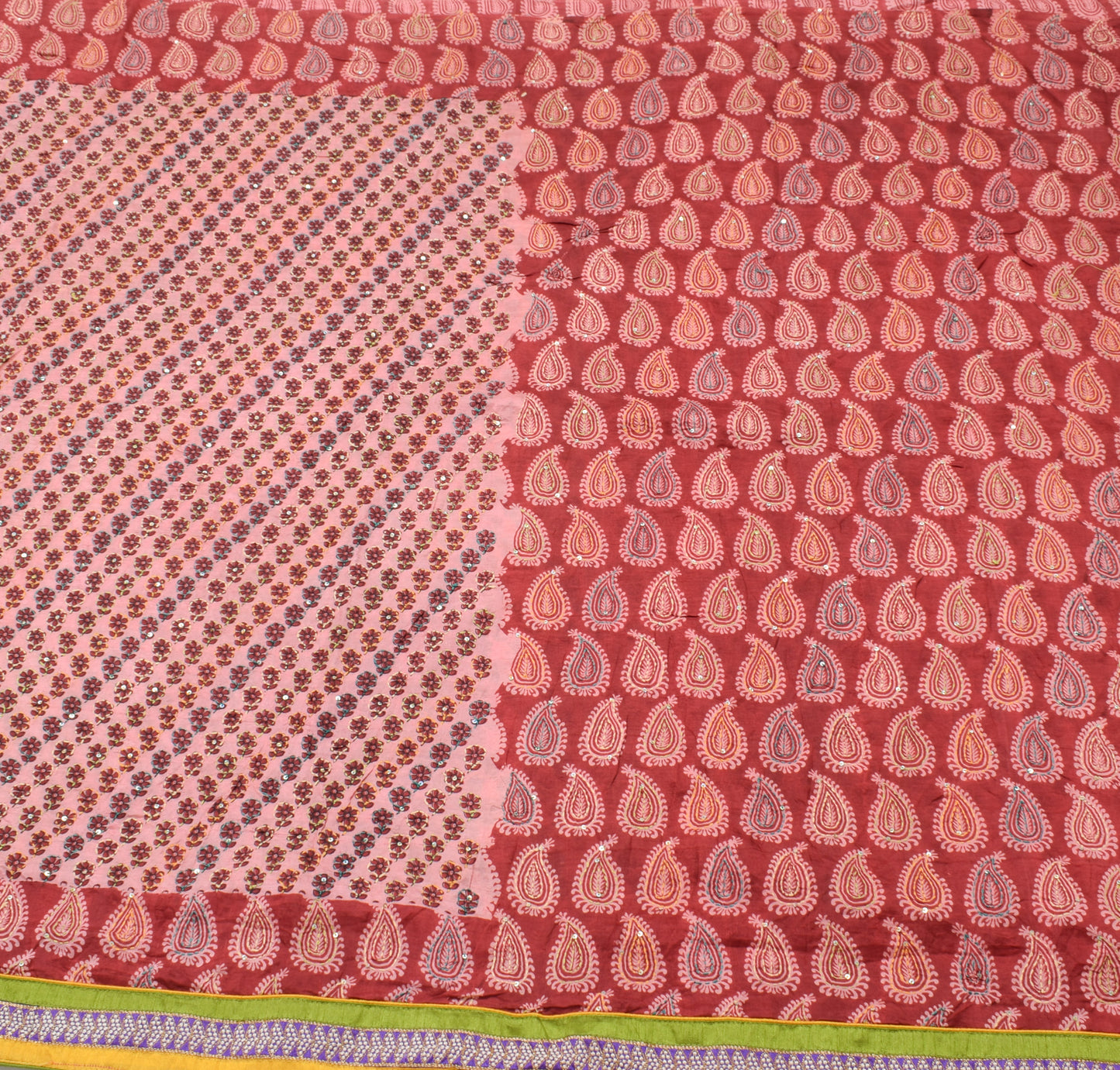 Sushila Vintage Pink Saree 100% Pure Silk Hand Embroidered Kantha Sari Fabric