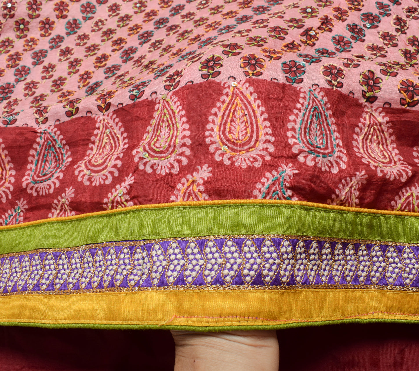 Sushila Vintage Pink Saree 100% Pure Silk Hand Embroidered Kantha Sari Fabric