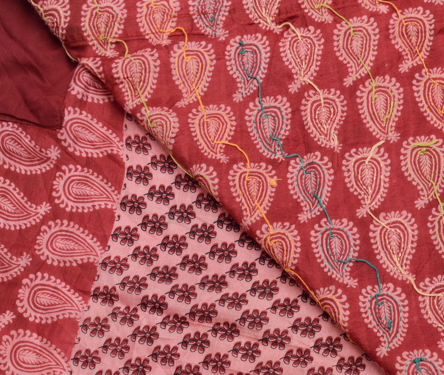 Sushila Vintage Pink Saree 100% Pure Silk Hand Embroidered Kantha Sari Fabric