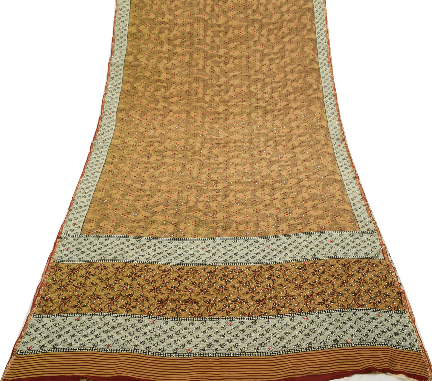Sushila Vintage Brown Saree 100% Pure Crepe Silk Hand Beaded Floral Sari Fabric