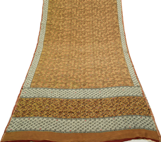Sushila Vintage Brown Saree 100% Pure Crepe Silk Hand Beaded Floral Sari Fabric