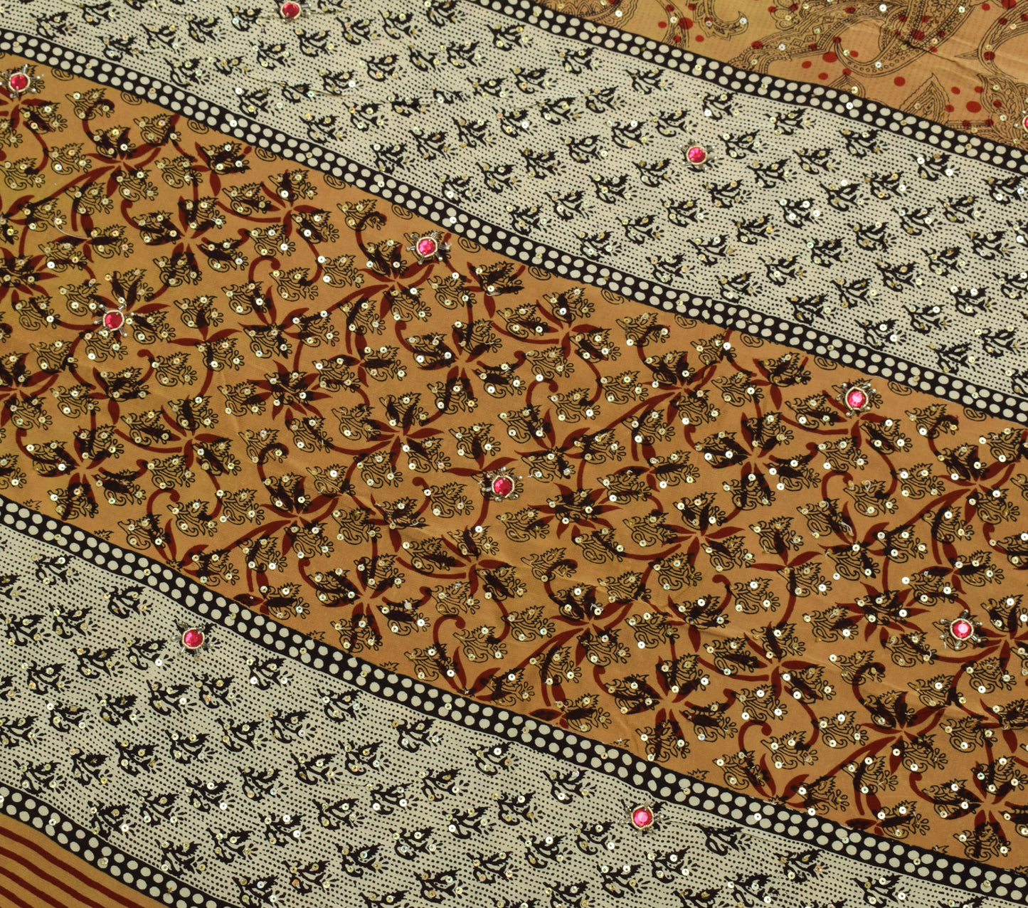 Sushila Vintage Brown Saree 100% Pure Crepe Silk Hand Beaded Floral Sari Fabric