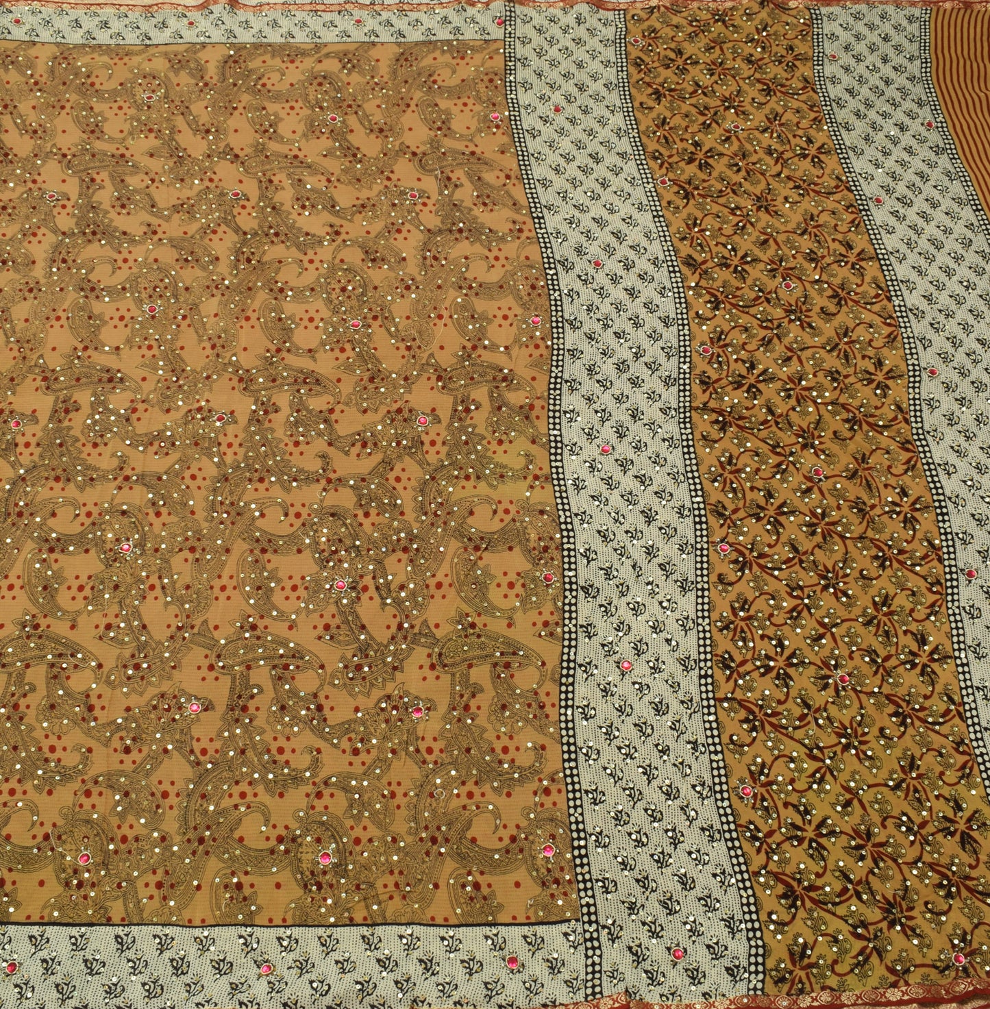 Sushila Vintage Brown Saree 100% Pure Crepe Silk Hand Beaded Floral Sari Fabric