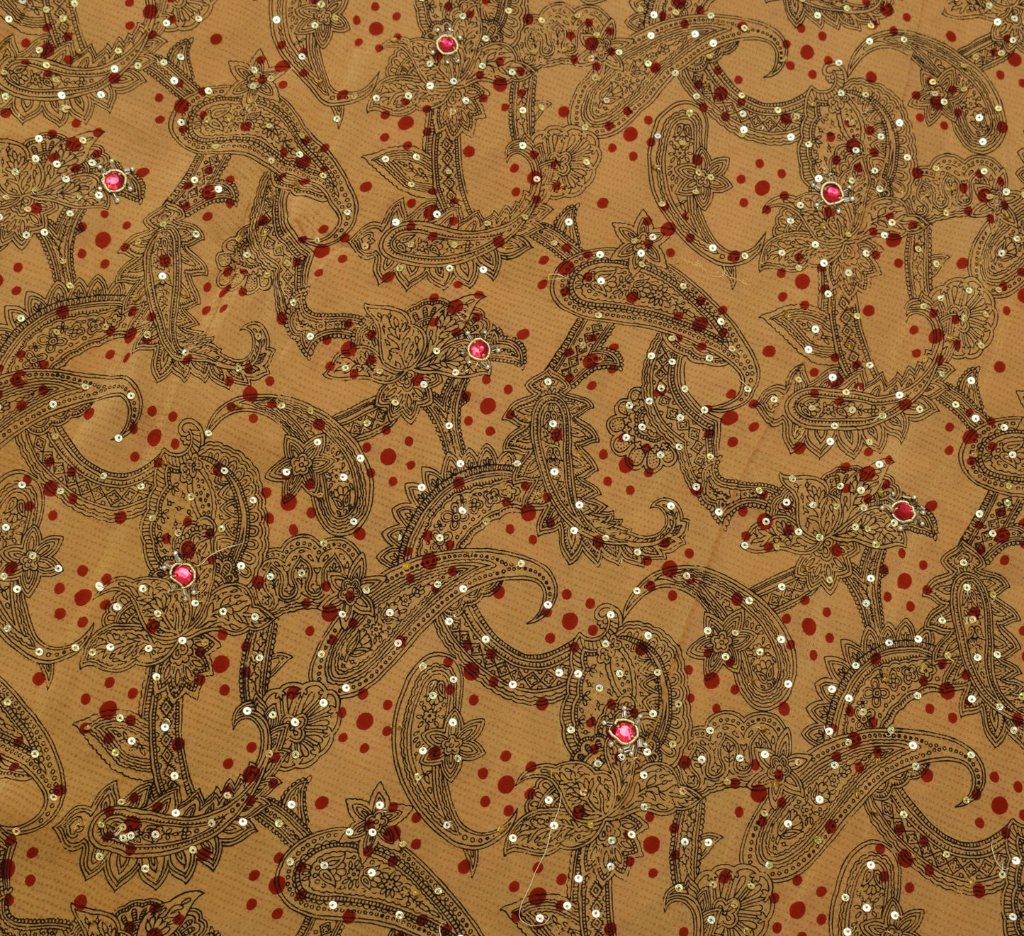 Sushila Vintage Brown Saree 100% Pure Crepe Silk Hand Beaded Floral Sari Fabric