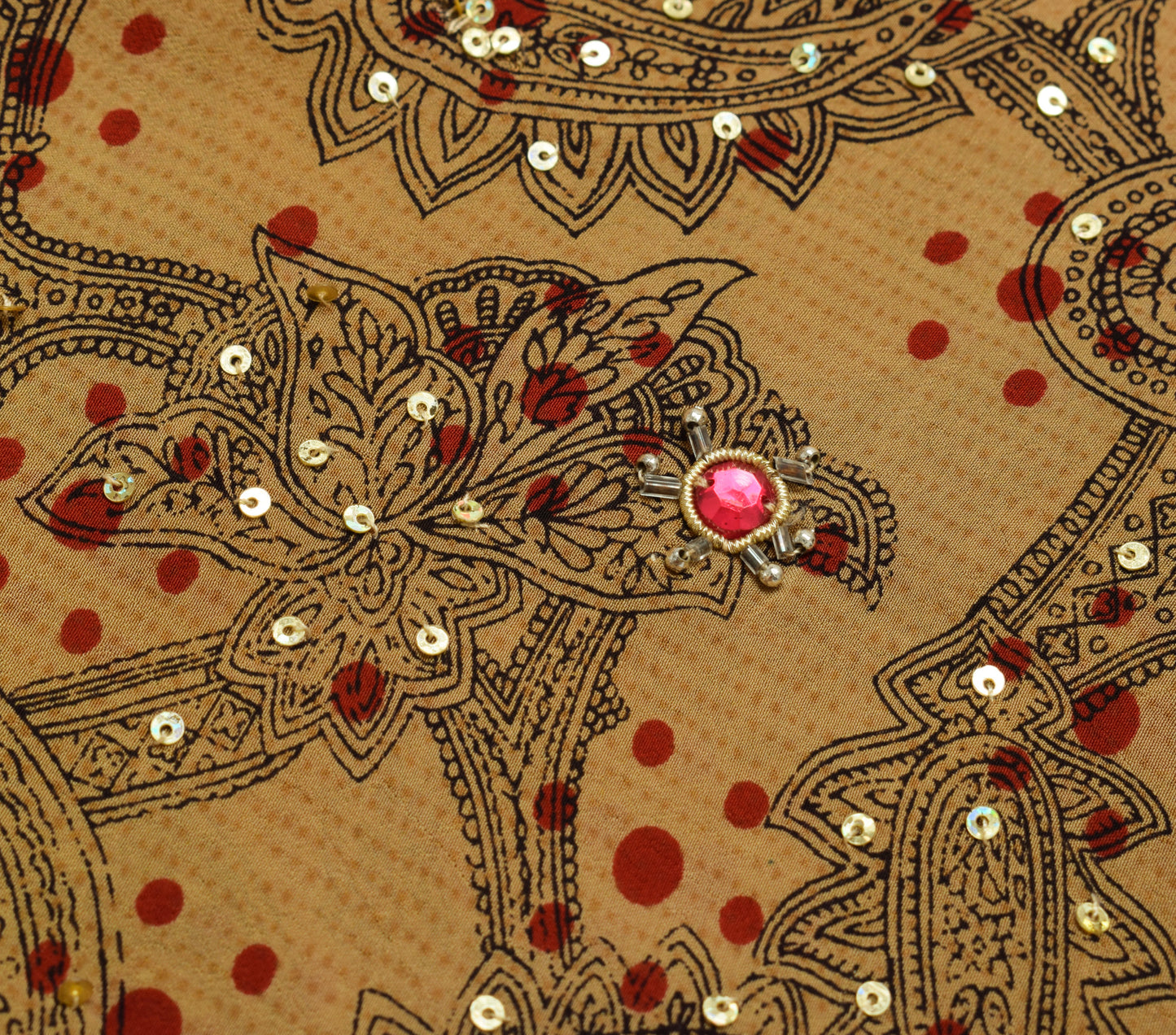 Sushila Vintage Brown Saree 100% Pure Crepe Silk Hand Beaded Floral Sari Fabric