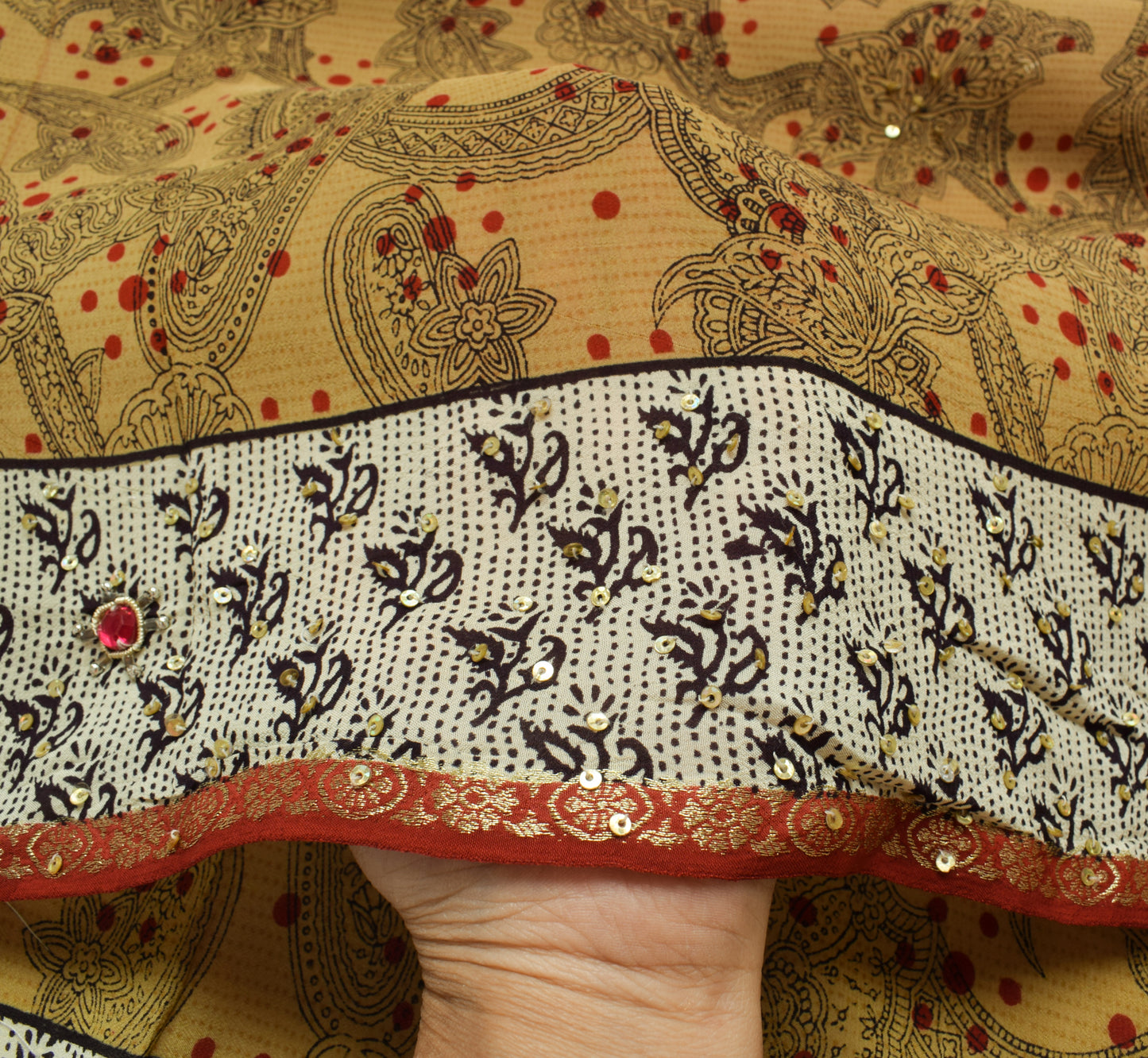 Sushila Vintage Brown Saree 100% Pure Crepe Silk Hand Beaded Floral Sari Fabric