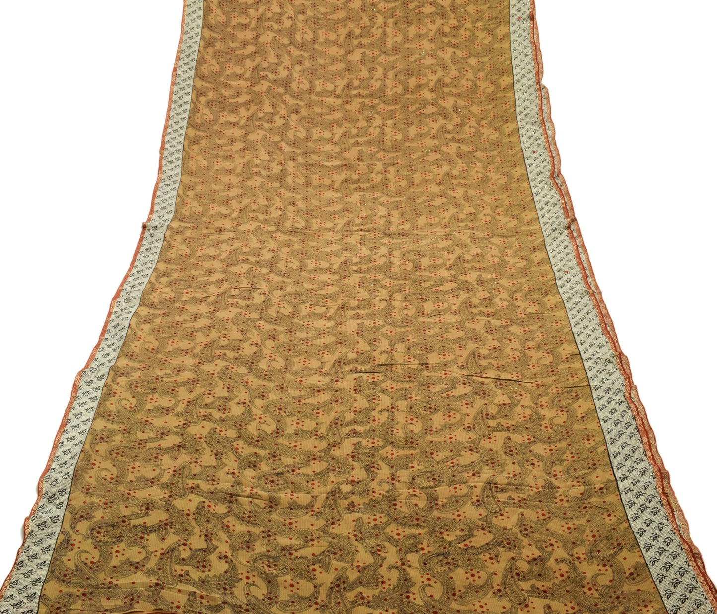 Sushila Vintage Brown Saree 100% Pure Crepe Silk Hand Beaded Floral Sari Fabric