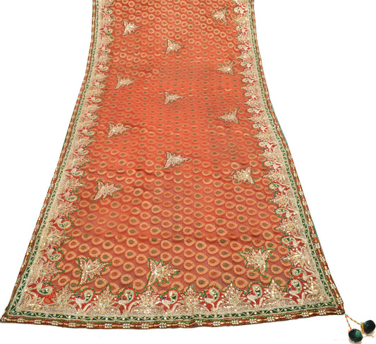 Sushila Vintage Rust & Green HEAVY Saree Blend Georgette Hand Beaded Sari Fabric