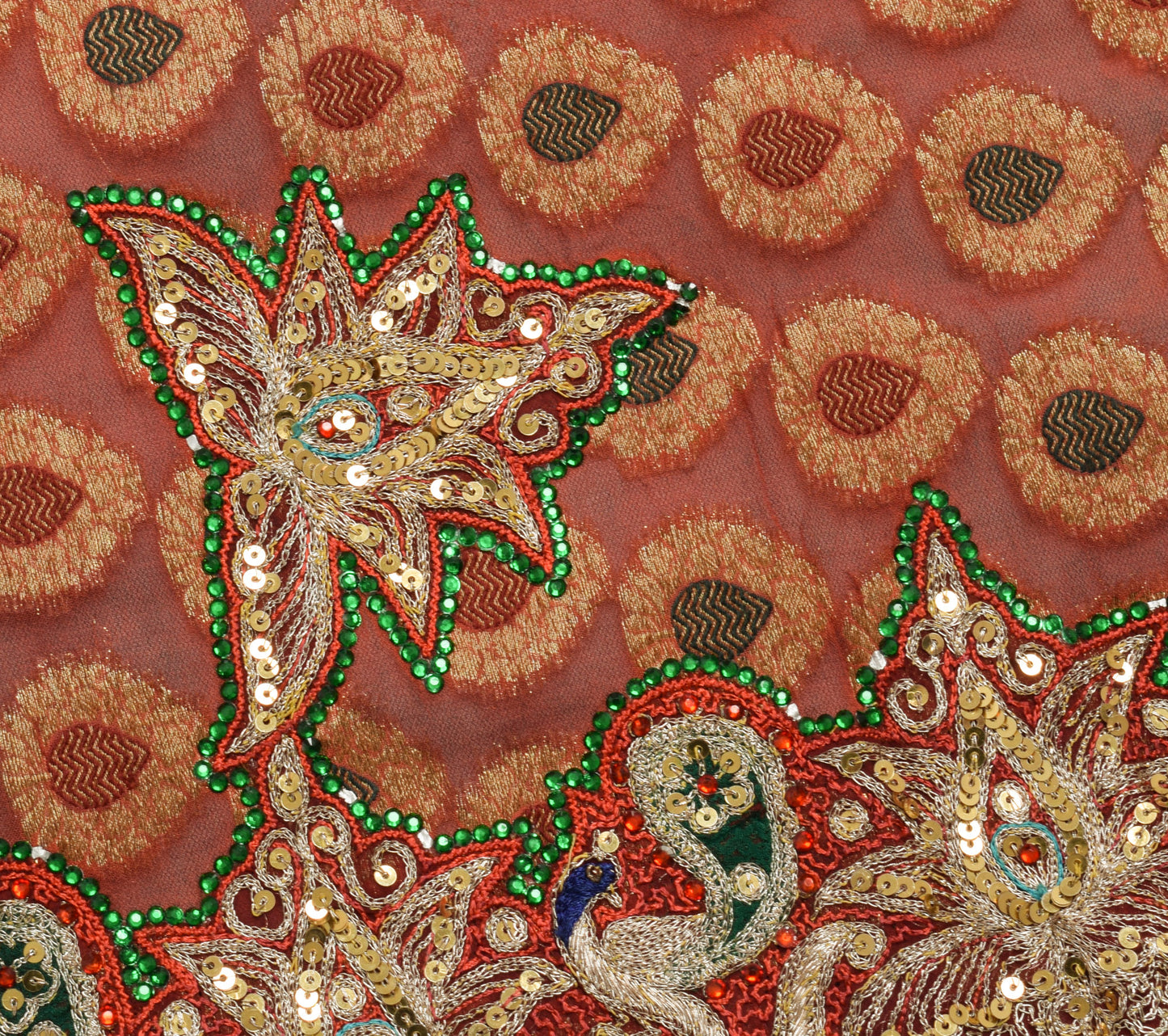 Sushila Vintage Rust & Green HEAVY Saree Blend Georgette Hand Beaded Sari Fabric