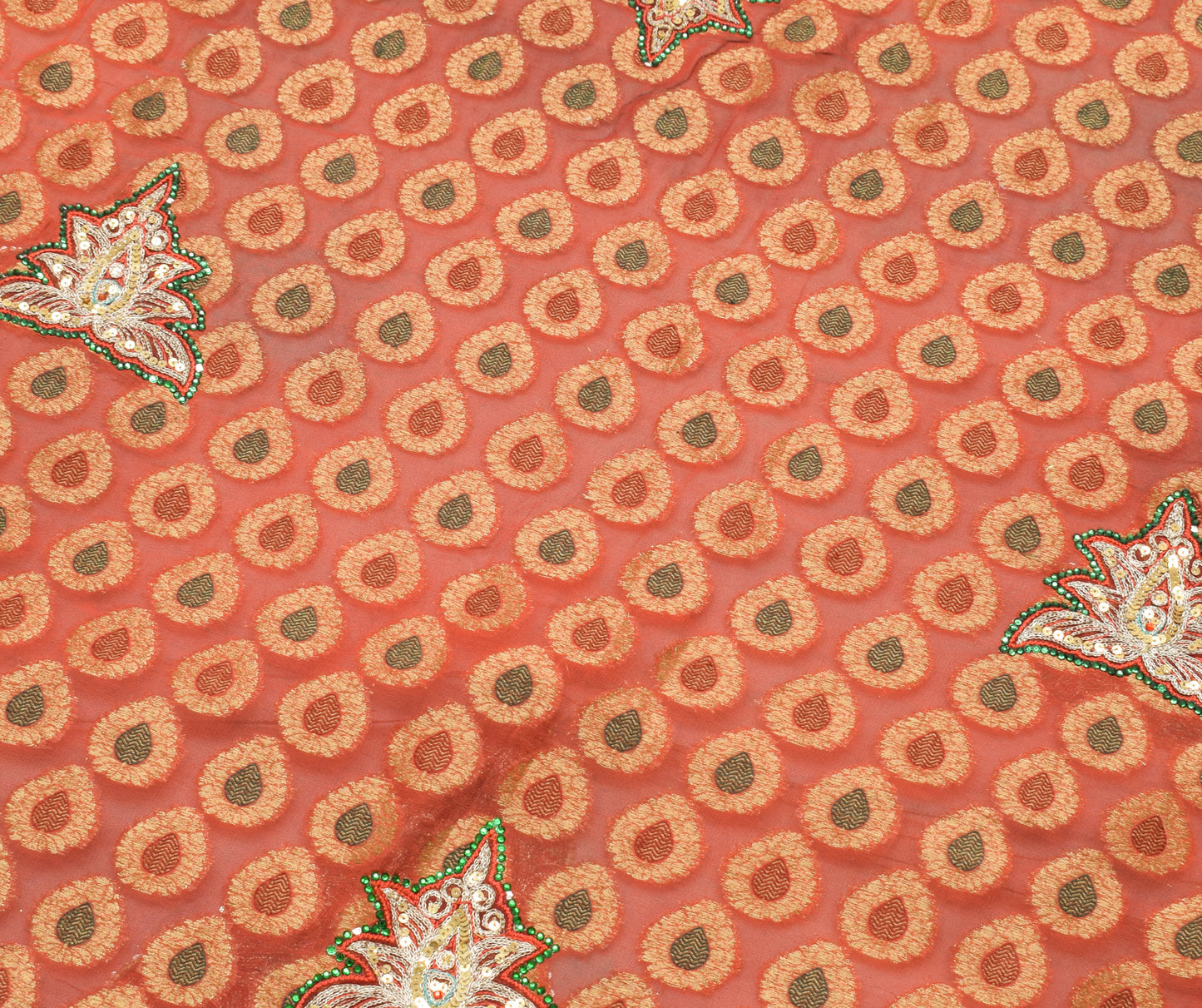 Sushila Vintage Rust & Green HEAVY Saree Blend Georgette Hand Beaded Sari Fabric