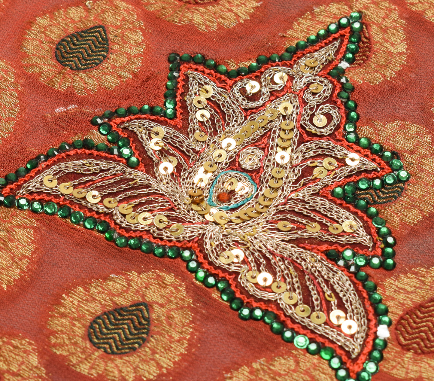 Sushila Vintage Rust & Green HEAVY Saree Blend Georgette Hand Beaded Sari Fabric