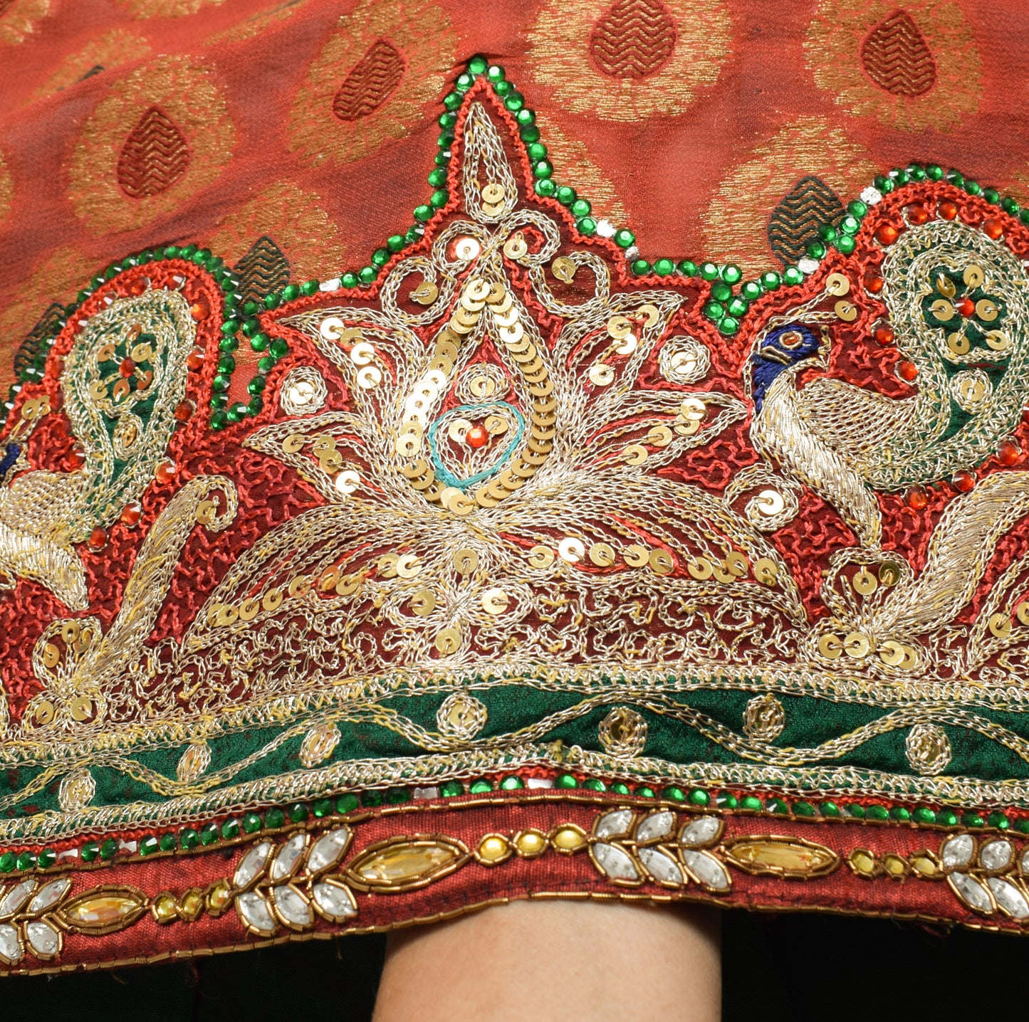 Sushila Vintage Rust & Green HEAVY Saree Blend Georgette Hand Beaded Sari Fabric