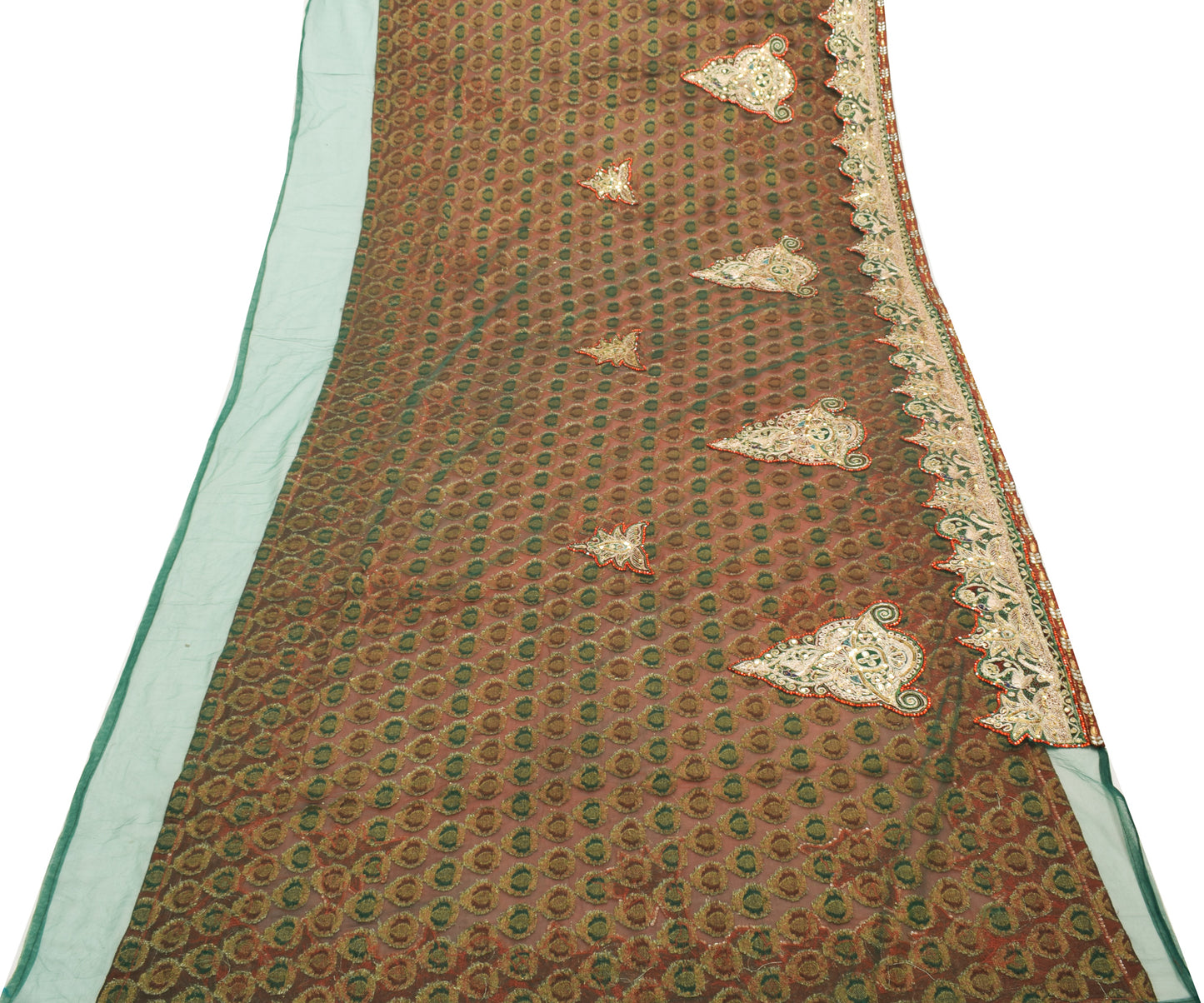 Sushila Vintage Rust & Green HEAVY Saree Blend Georgette Hand Beaded Sari Fabric