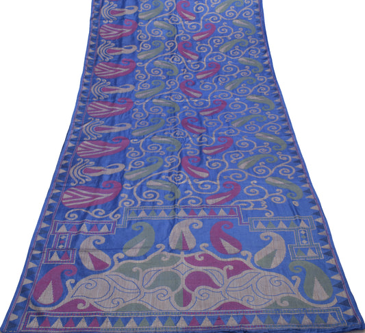 Sushila Vintage Blue Saree 100% Pure Silk All Over Woven Paisley Sari Fabric