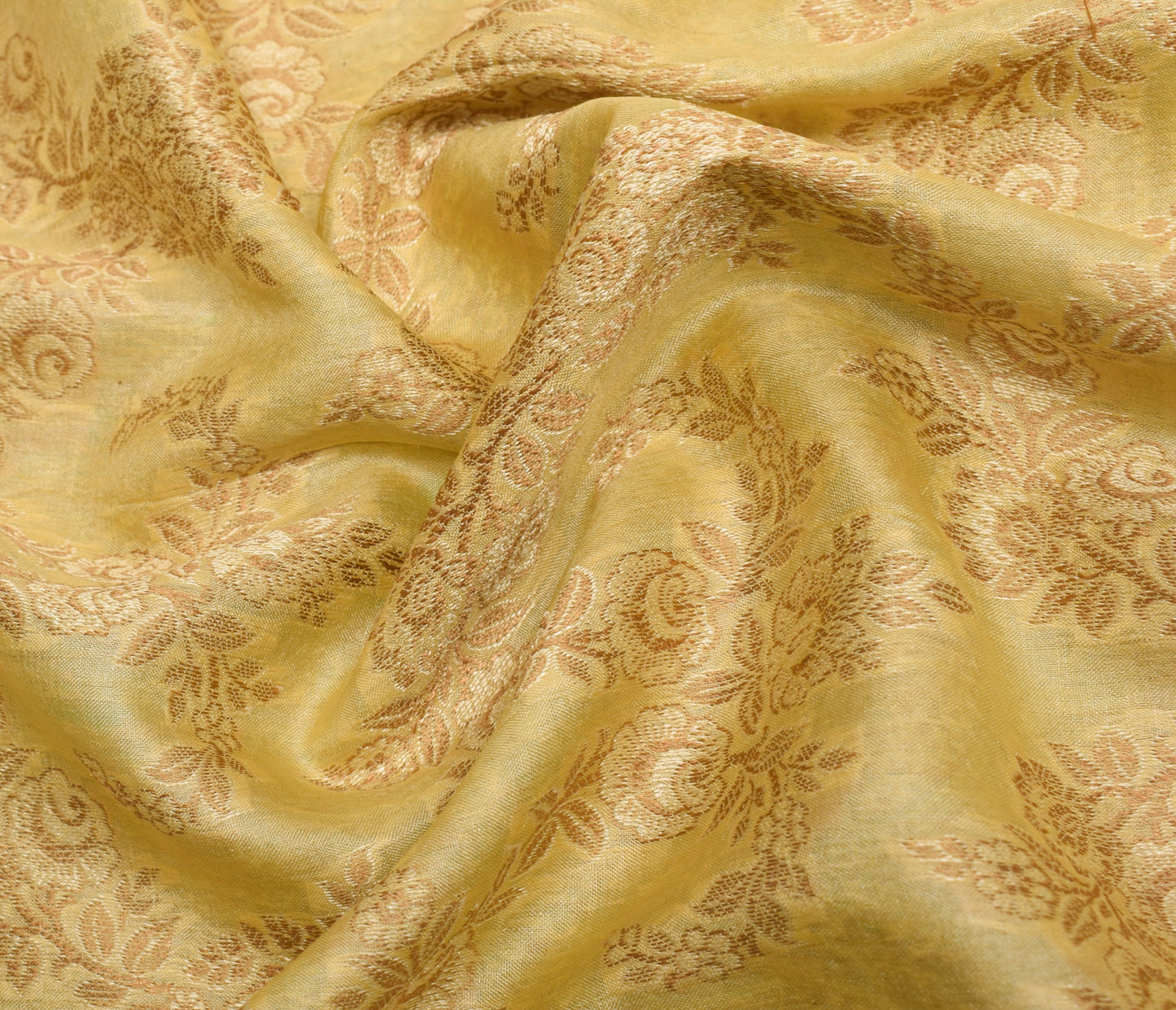 Sushila Vintage Yellow Saree 100% Pure Silk All Over Woven Floral Sari Fabric