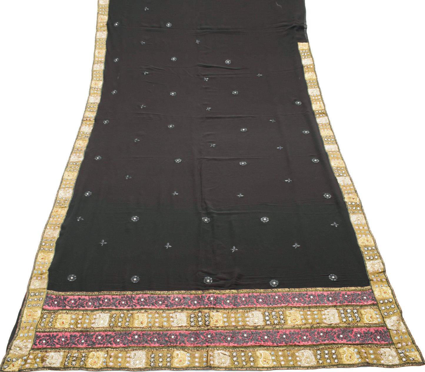 Sushila Vintage Black Saree 100% Pure Georgette Embroidered Floral Sari Fabric