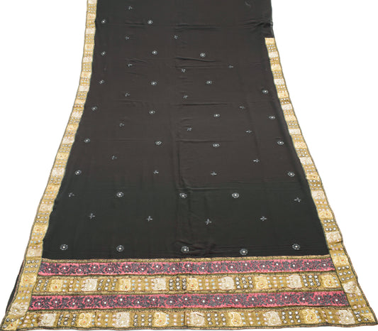 Sushila Vintage Black Saree 100% Pure Georgette Embroidered Floral Sari Fabric