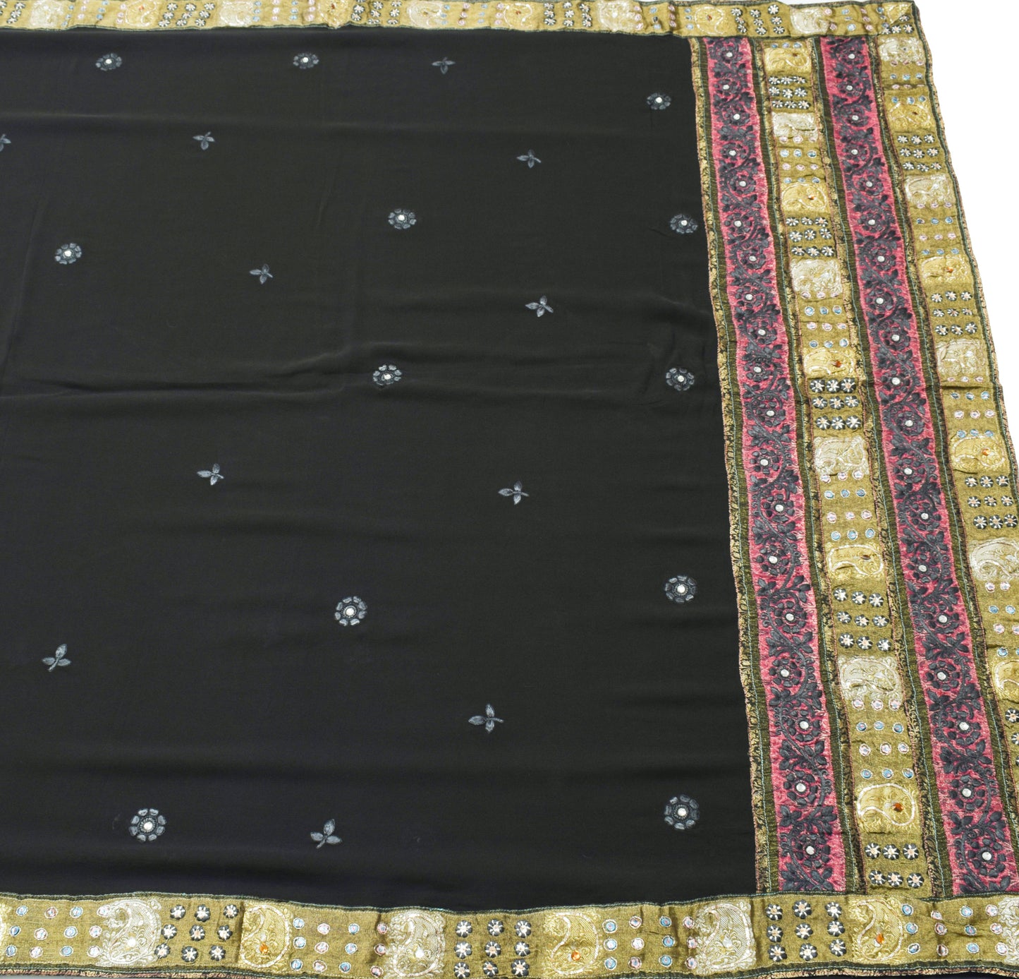 Sushila Vintage Black Saree 100% Pure Georgette Embroidered Floral Sari Fabric