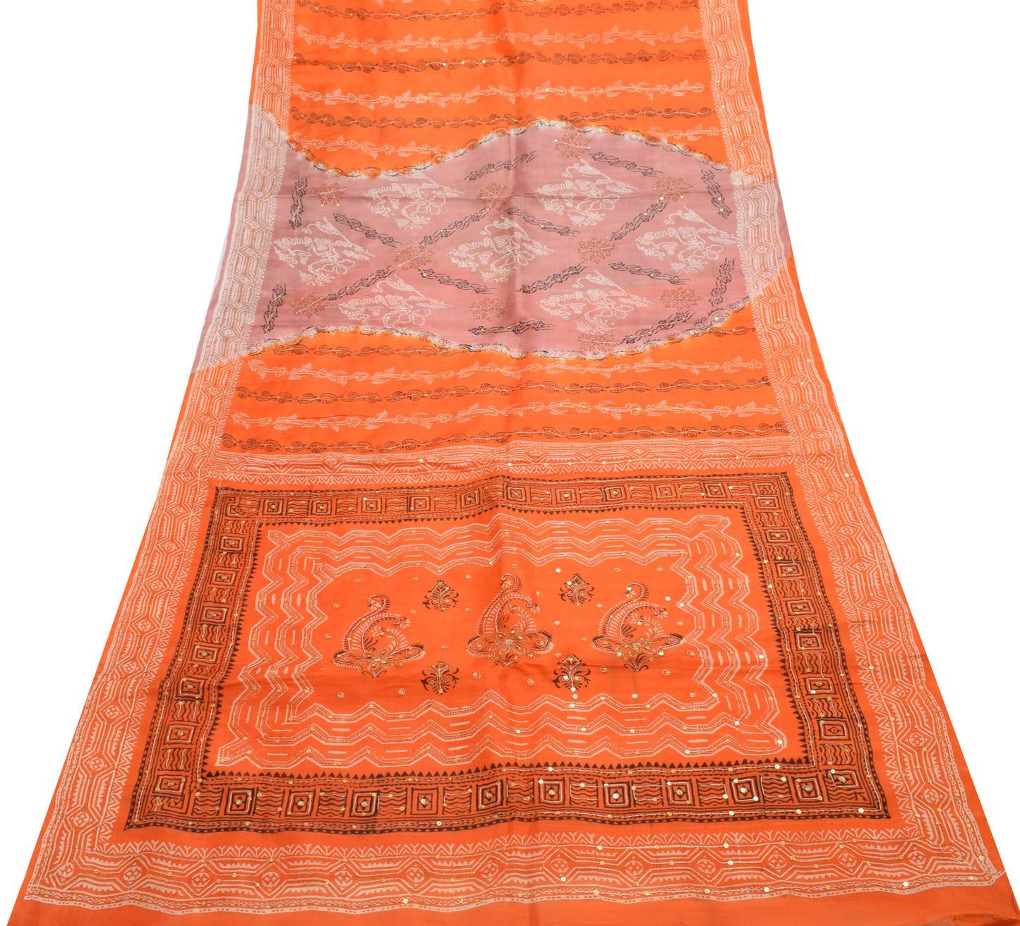 Sushila Vintage Orange Saree 100% Pure Silk Printed Floral Sari Craft Fabric