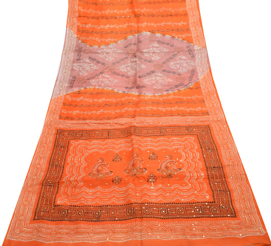 Sushila Vintage Orange Saree 100% Pure Silk Printed Floral Sari Craft Fabric