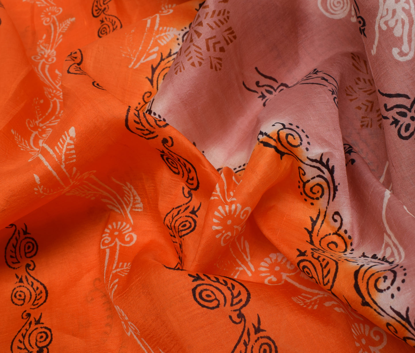 Sushila Vintage Orange Saree 100% Pure Silk Printed Floral Sari Craft Fabric