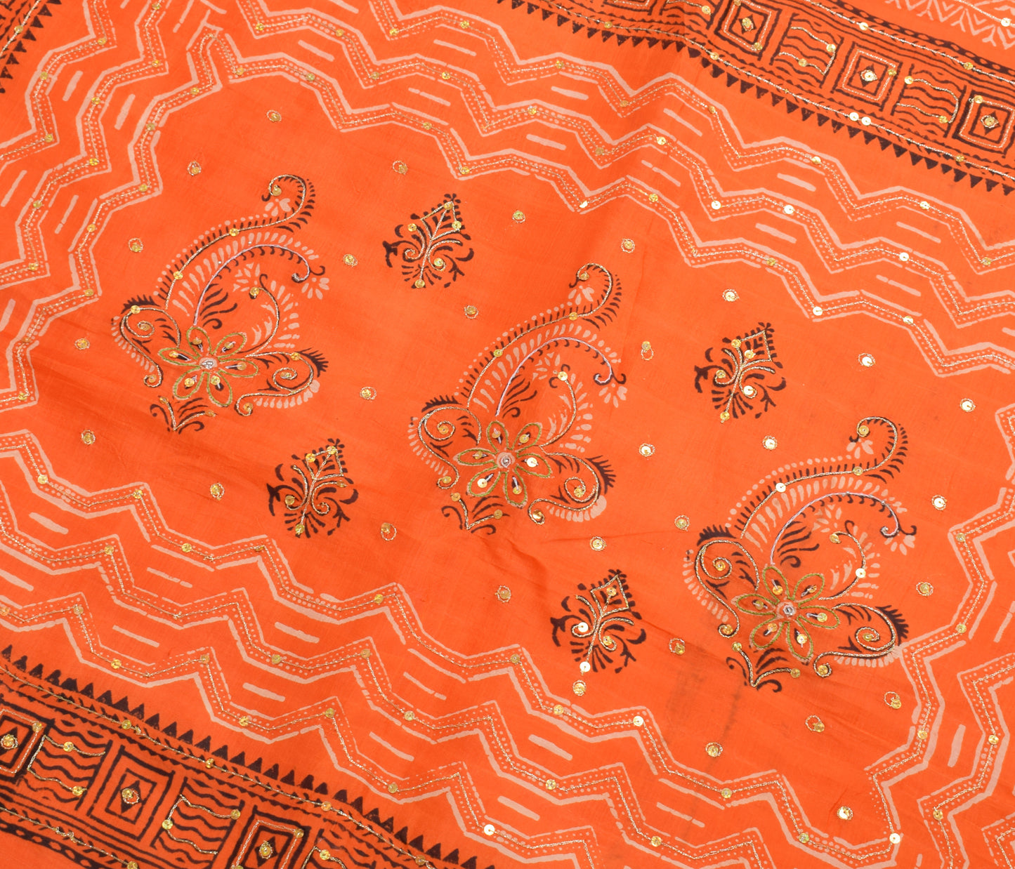 Sushila Vintage Orange Saree 100% Pure Silk Printed Floral Sari Craft Fabric