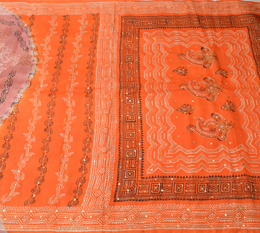 Sushila Vintage Orange Saree 100% Pure Silk Printed Floral Sari Craft Fabric