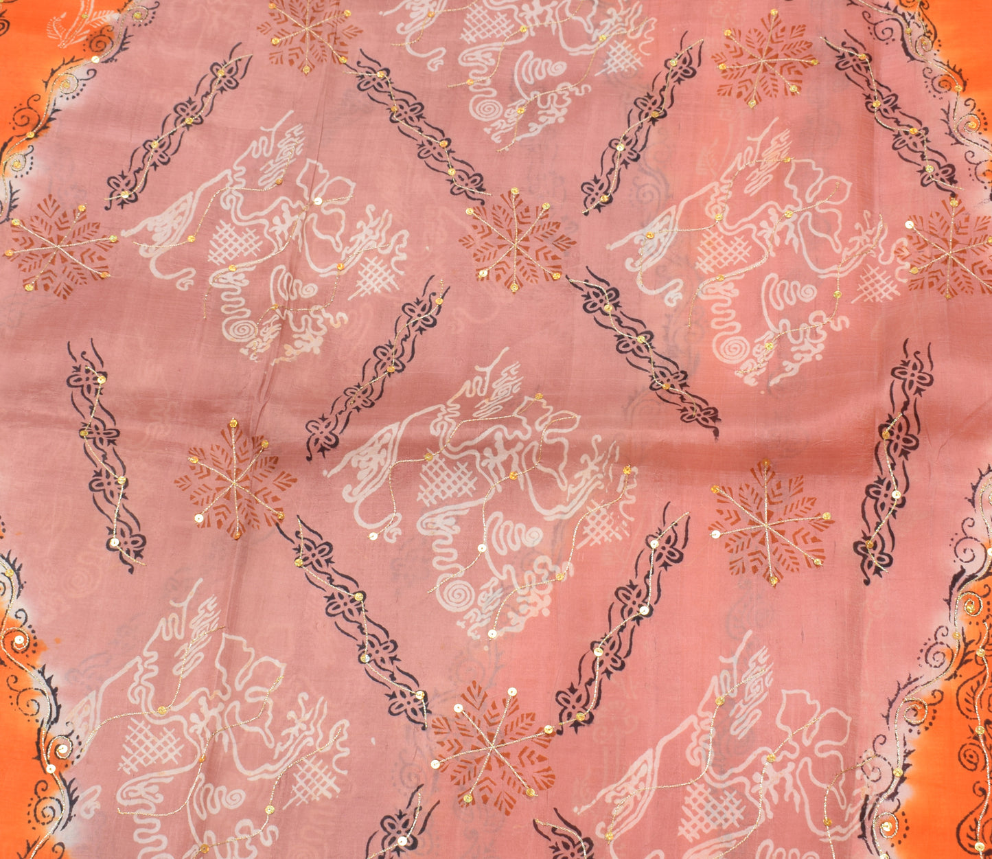Sushila Vintage Orange Saree 100% Pure Silk Printed Floral Sari Craft Fabric