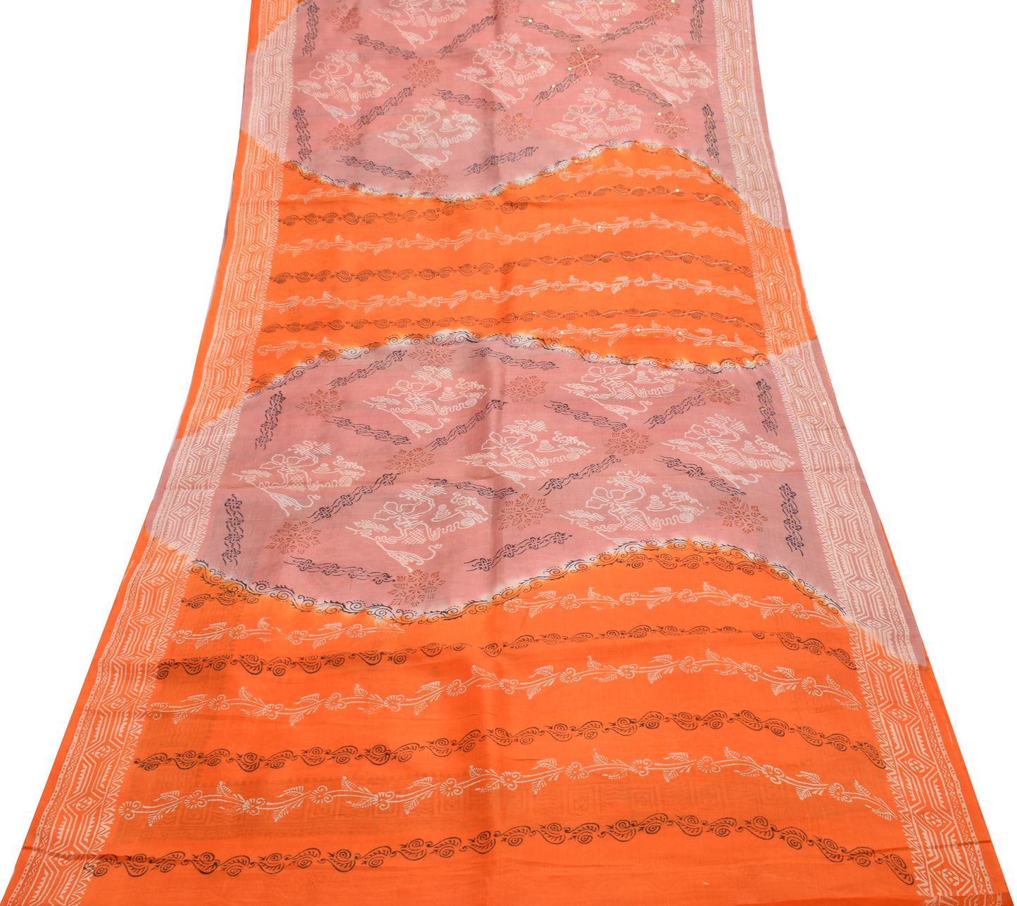 Sushila Vintage Orange Saree 100% Pure Silk Printed Floral Sari Craft Fabric
