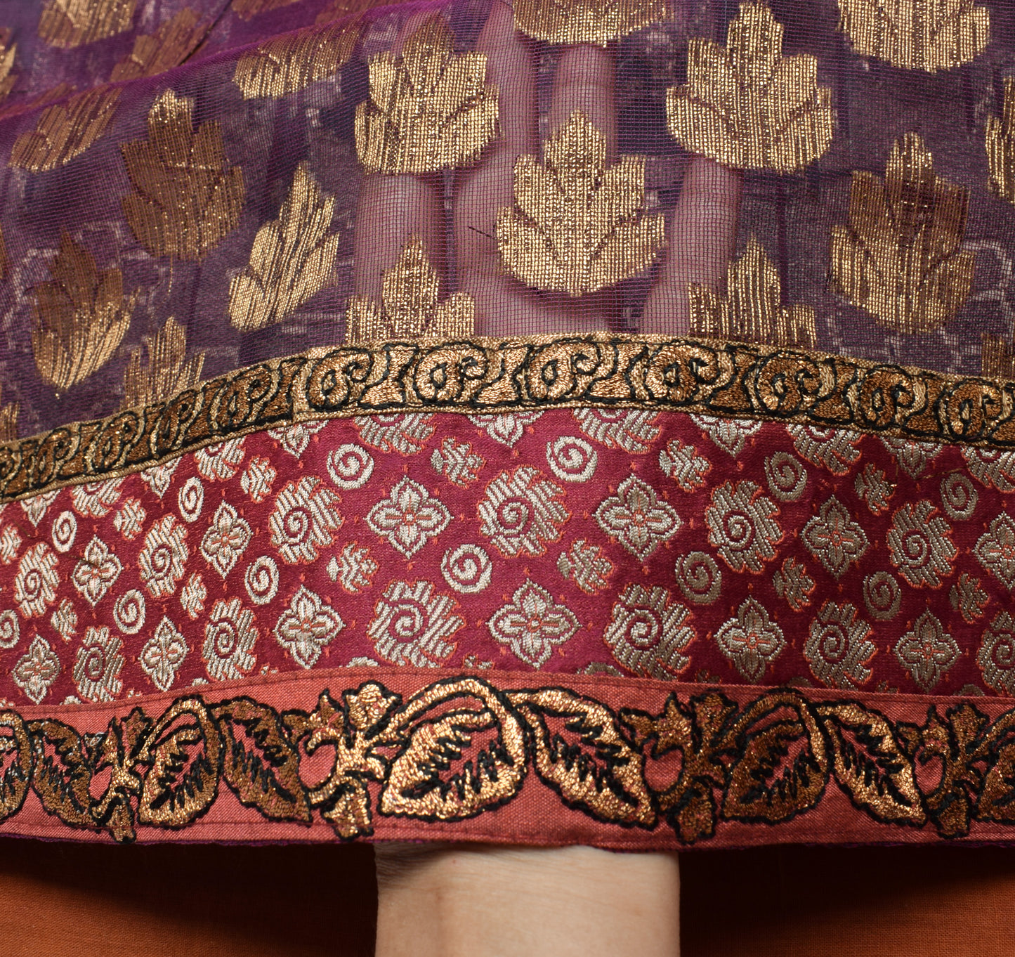 Sushila Vintage Indian Saree Pure Silk With Net Mesh Woven Floral Sari Fabric