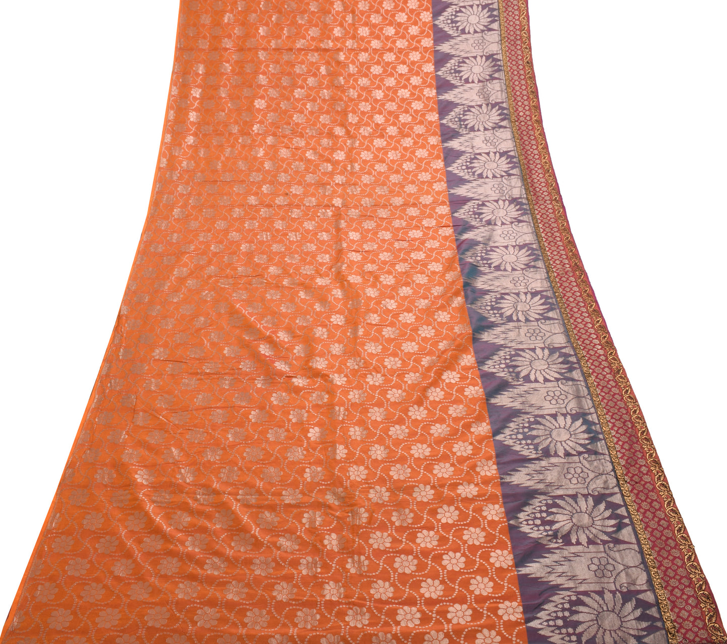 Sushila Vintage Indian Saree Pure Silk With Net Mesh Woven Floral Sari Fabric