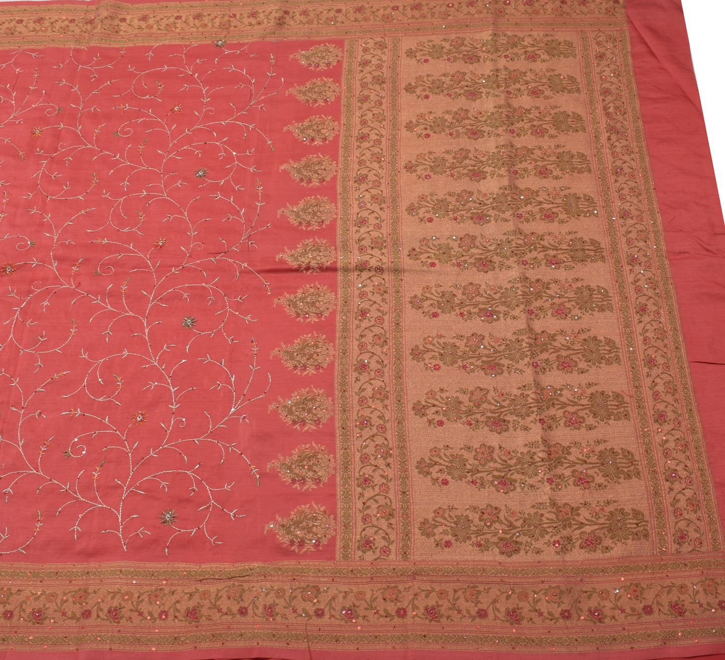 Sushila Vintage Indian Saree 100% Pure Silk Hand Beaded Floral 5 YD Sari Fabric