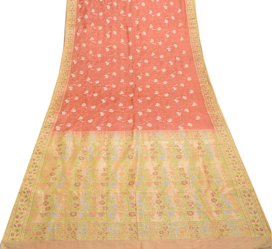 Sushila Vintage Indian Saree 100% Pure Silk Hand Beaded Floral Sari Craft Fabric