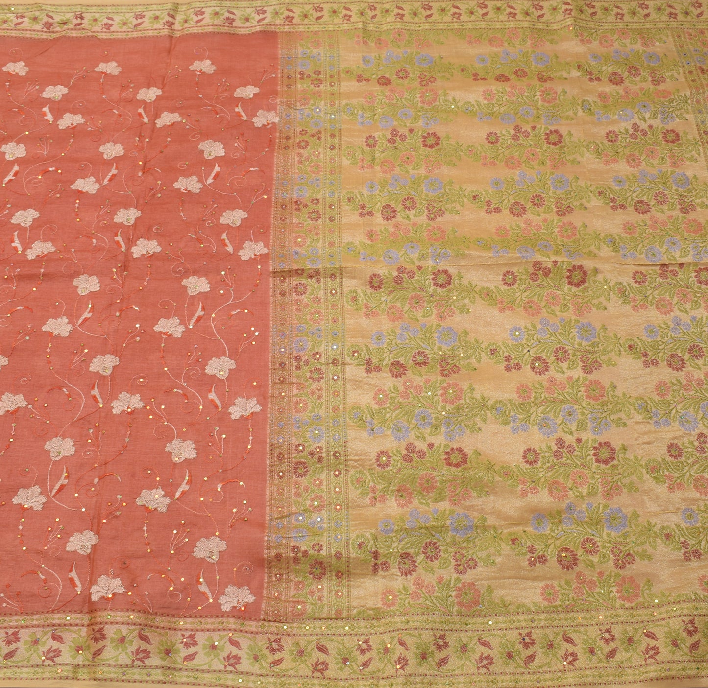Sushila Vintage Indian Saree 100% Pure Silk Hand Beaded Floral Sari Craft Fabric