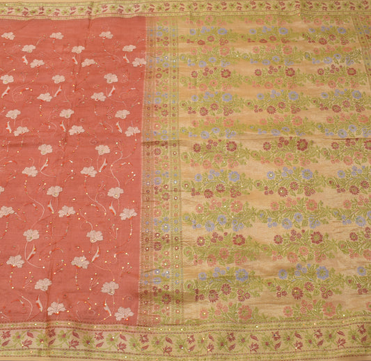 Sushila Vintage Peach Saree Pure Tussar Silk Hand Beaded Floral Sari Craft Fabric
