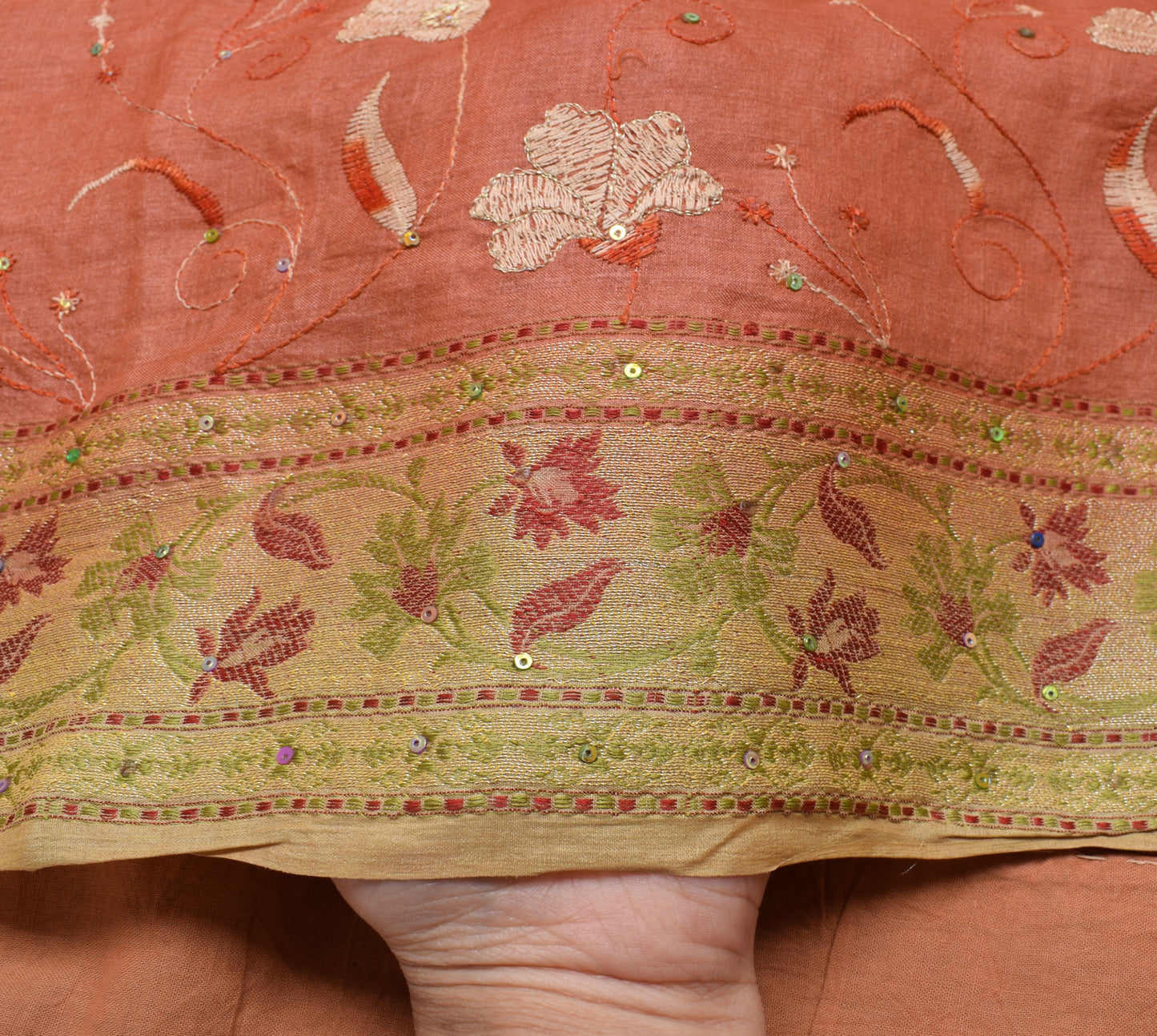 Sushila Vintage Indian Saree 100% Pure Silk Hand Beaded Floral Sari Craft Fabric