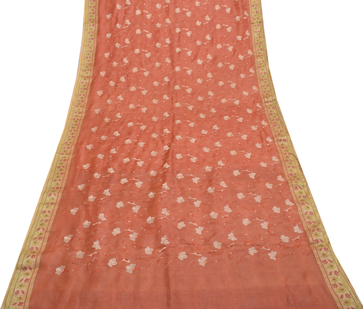 Sushila Vintage Indian Saree 100% Pure Silk Hand Beaded Floral Sari Craft Fabric