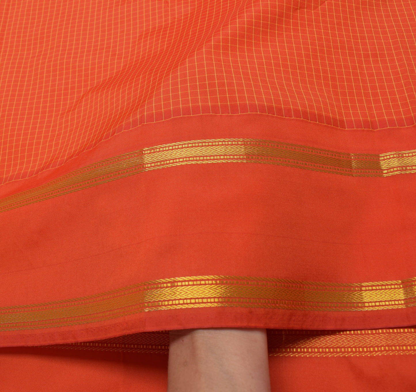 Sushila Vintage Orange Saree Blend Silk Woven Checks 5 Yard Sari Craft Fabric