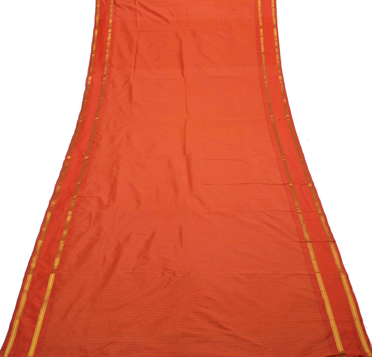 Sushila Vintage Orange Saree Blend Silk Woven Checks 5 Yard Sari Craft Fabric