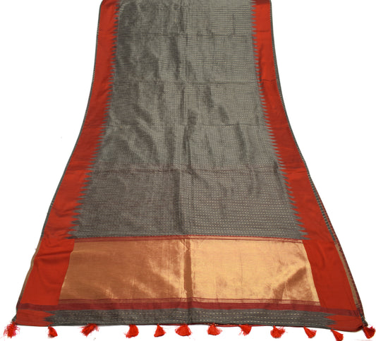 Sushila Vintage Dark Gray Indian Saree Blend Silk Woven Sari With Blouse Fabric
