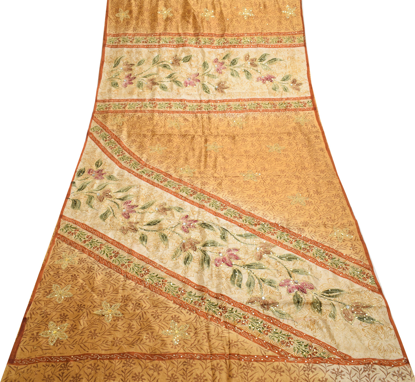 Sushila Vintage Brown & Cream Saree 100%Pure Silk Hand Beaded Floral Sari Fabric