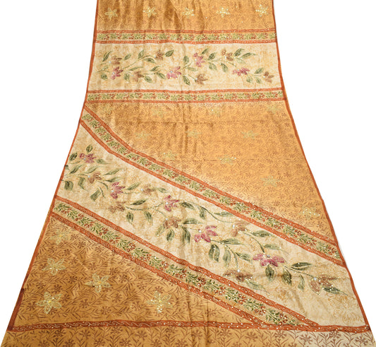 Sushila Vintage Brown & Cream Saree 100%Pure Silk Hand Beaded Floral Sari Fabric