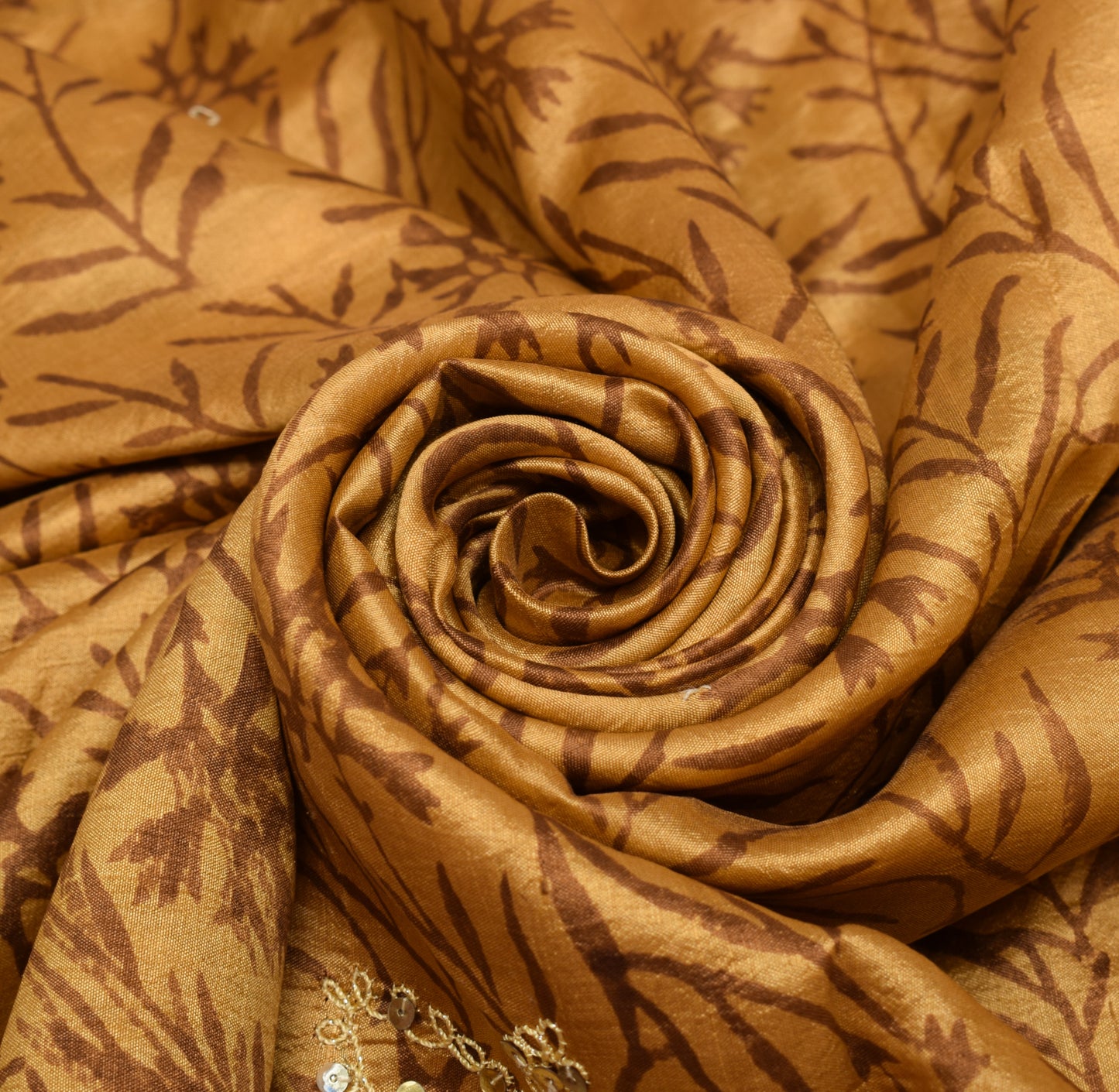 Sushila Vintage Brown & Cream Saree 100%Pure Silk Hand Beaded Floral Sari Fabric