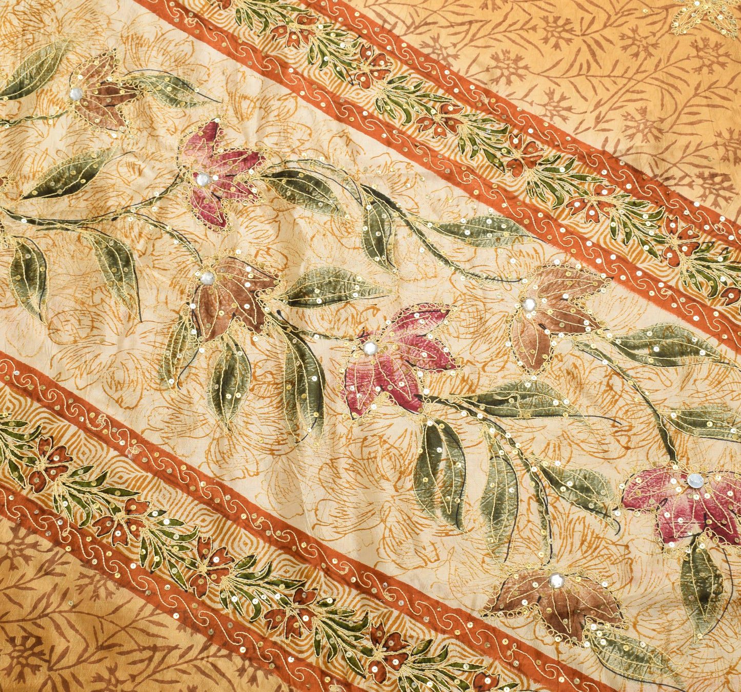 Sushila Vintage Brown & Cream Saree 100%Pure Silk Hand Beaded Floral Sari Fabric