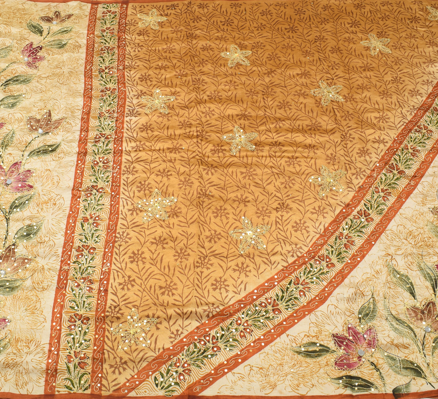 Sushila Vintage Brown & Cream Saree 100%Pure Silk Hand Beaded Floral Sari Fabric