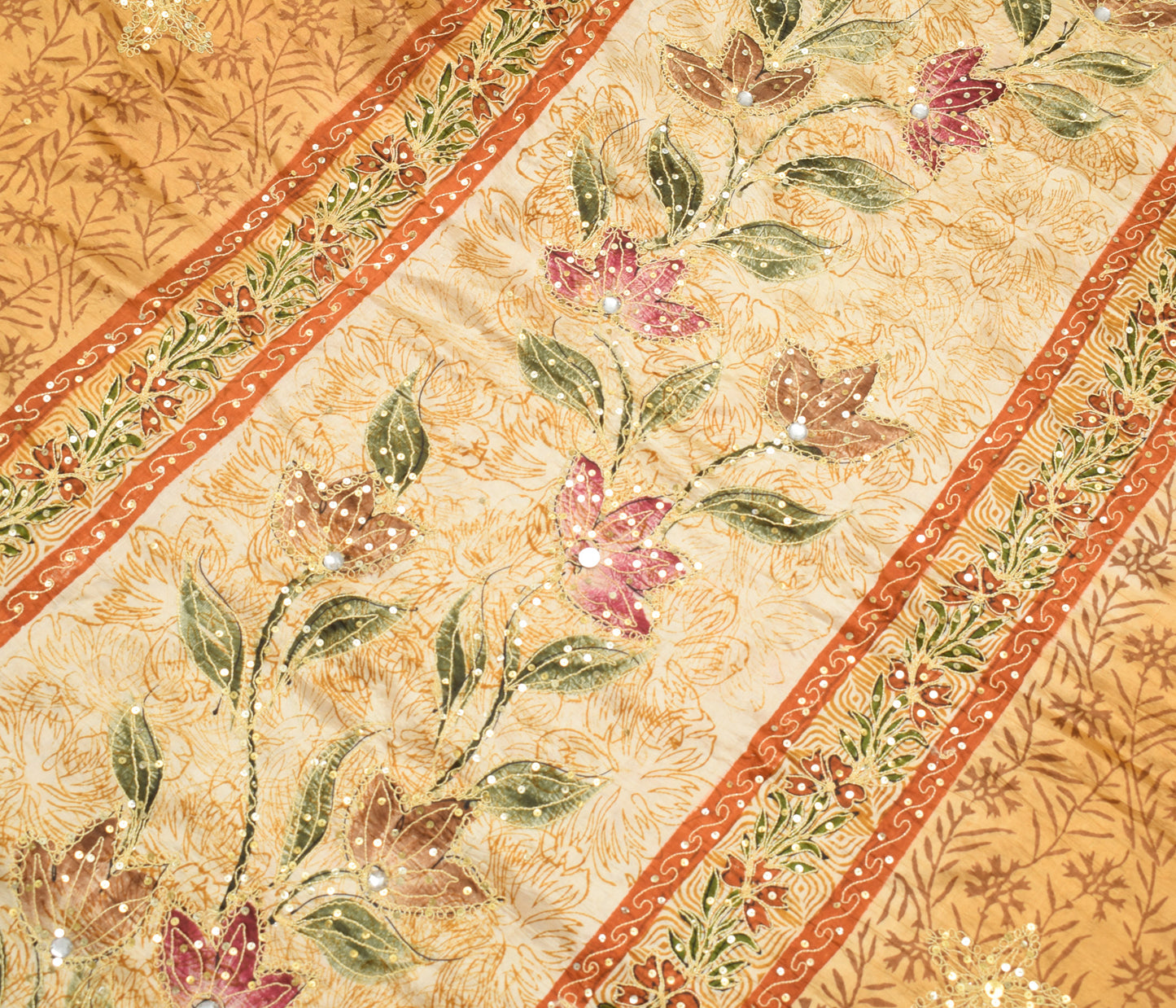 Sushila Vintage Brown & Cream Saree 100%Pure Silk Hand Beaded Floral Sari Fabric