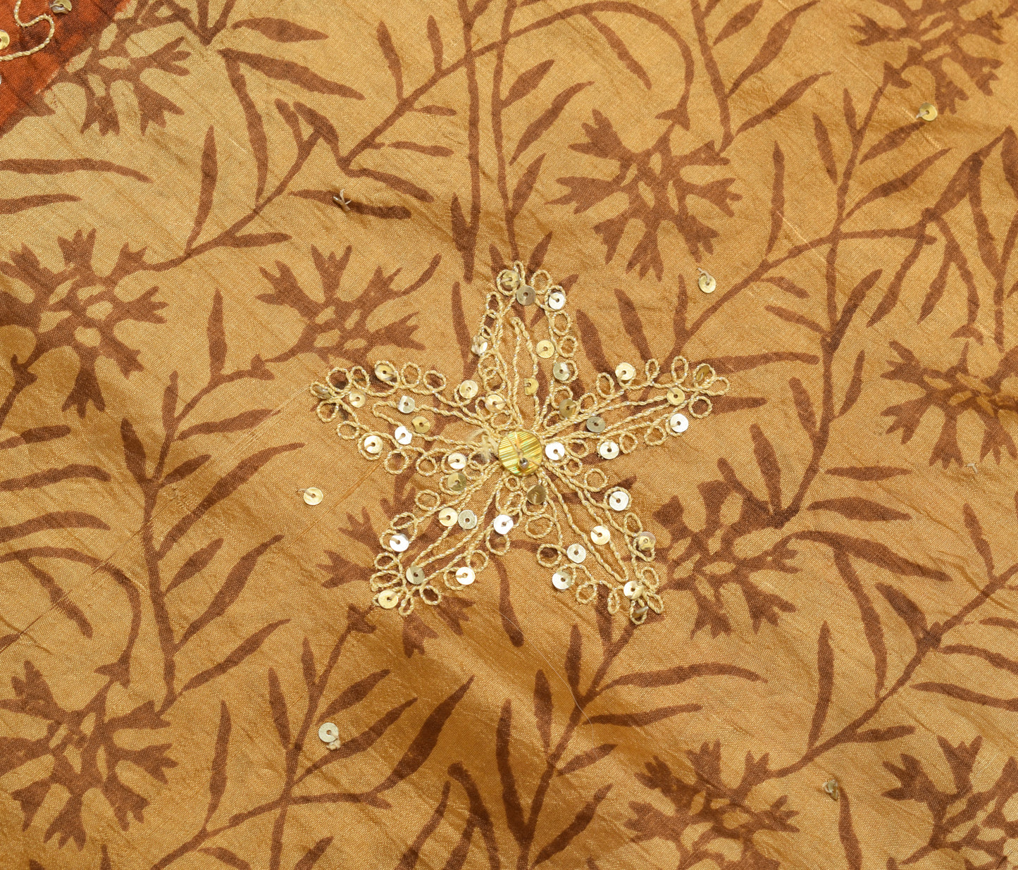 Sushila Vintage Brown & Cream Saree 100%Pure Silk Hand Beaded Floral Sari Fabric