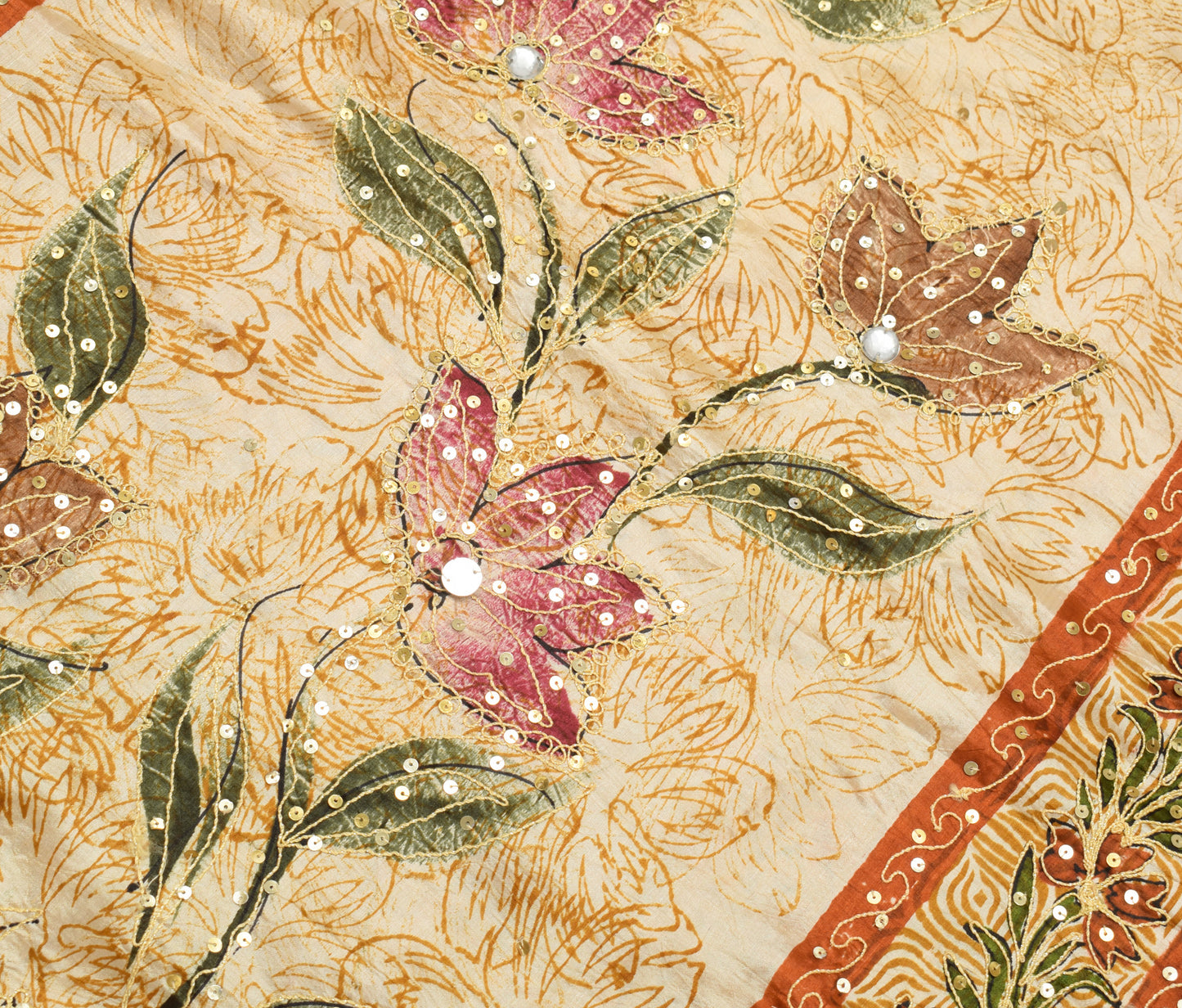 Sushila Vintage Brown & Cream Saree 100%Pure Silk Hand Beaded Floral Sari Fabric