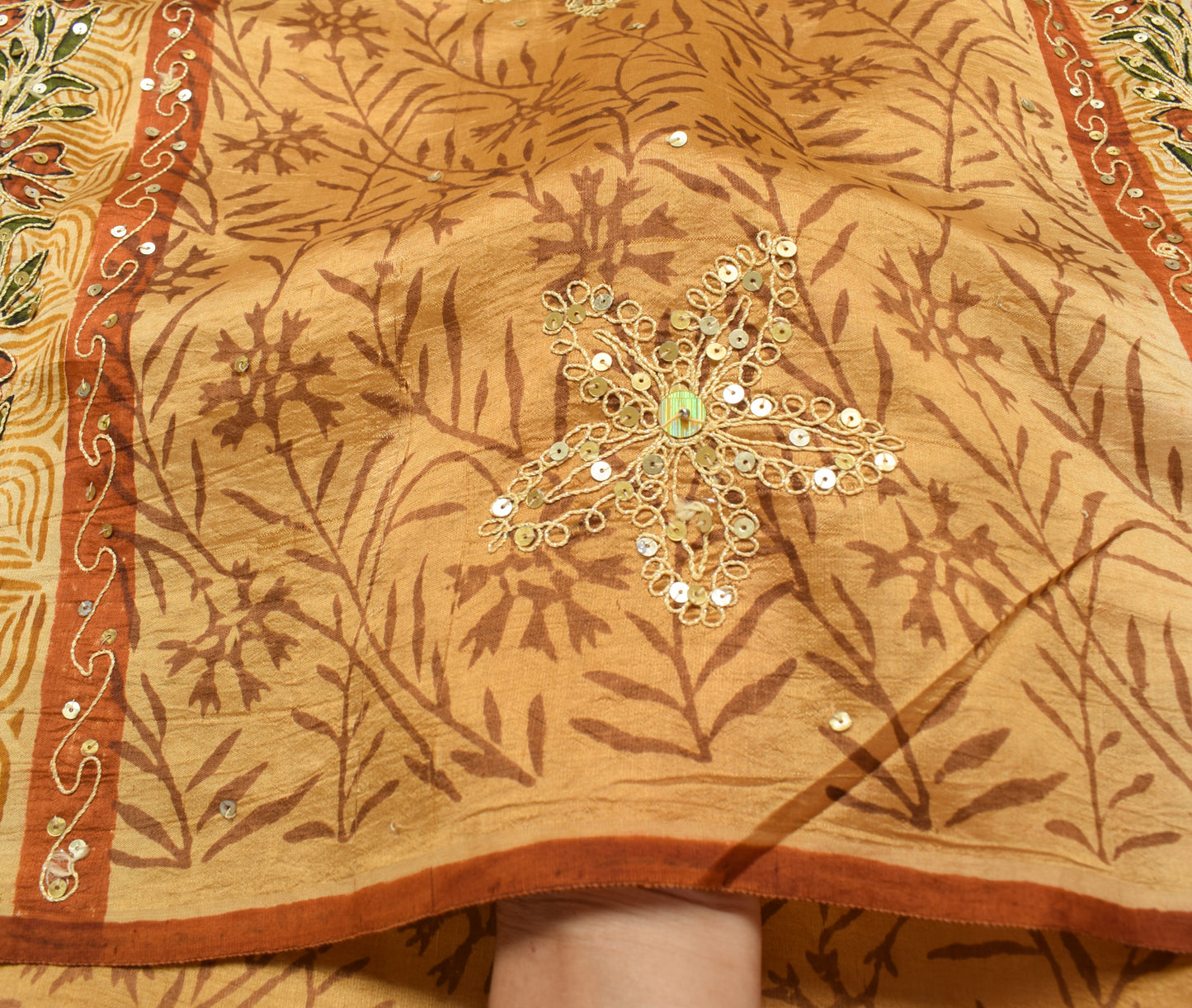 Sushila Vintage Brown & Cream Saree 100%Pure Silk Hand Beaded Floral Sari Fabric